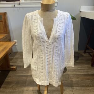 GEOFFREY BEENE SPORT White Eyelet V Neck 3/4 Sleeve Sweater Cotton L Beach Bride